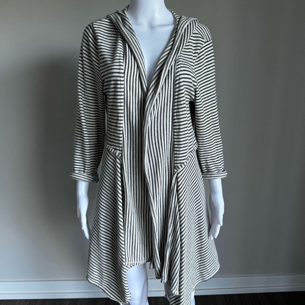 Max Studio Black & White Weekend Striped 100% Cotton Open Cardigan Hoodie Size L